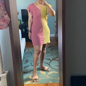 Striped burgundy + yellow frill jersey mini dress